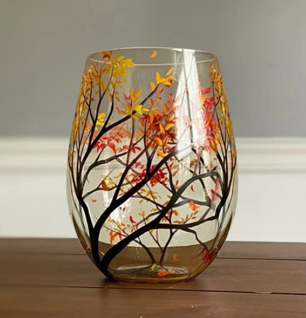 Wine glasses with the tree of the four seasons - Hand-painted art