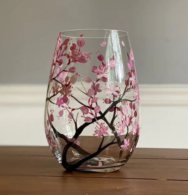 Wine glasses with the tree of the four seasons - Hand-painted art