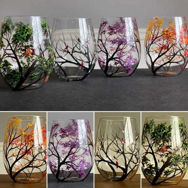 Bicchieri da vino con albero delle quattro stagioni - Arte dipinta a mano
