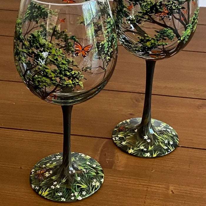 Bicchieri da vino con albero delle quattro stagioni - Arte dipinta a mano