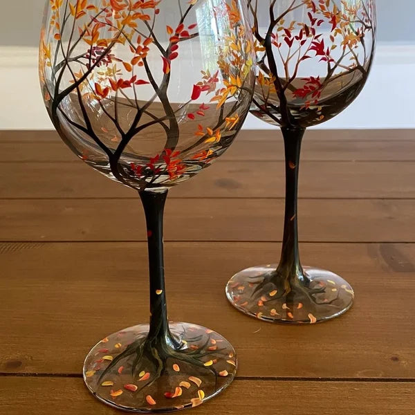 Wine glasses with the tree of the four seasons - Hand-painted art