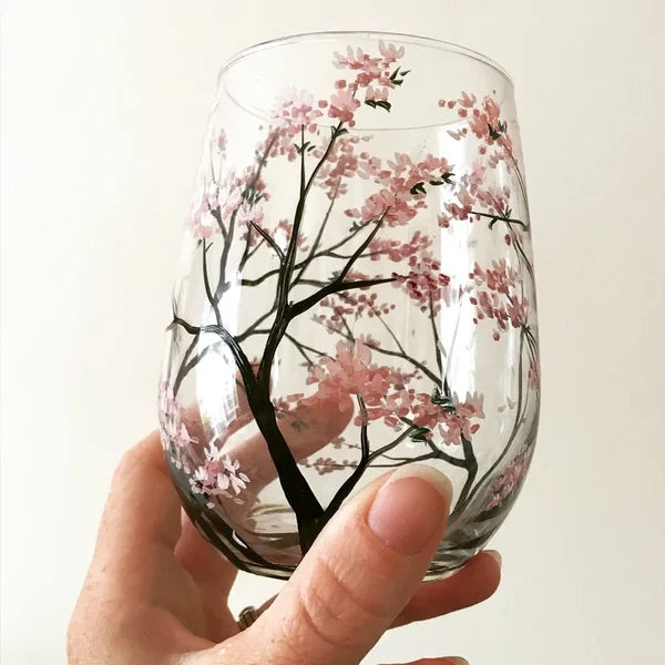 Wine glasses with the tree of the four seasons - Hand-painted art