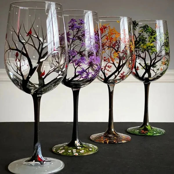 Wine glasses with the tree of the four seasons - Hand-painted art
