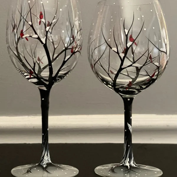 Wine glasses with the tree of the four seasons - Hand-painted art