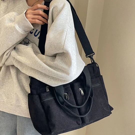 Borsa Tote in velluto a coste tinta unita - Luckintoys