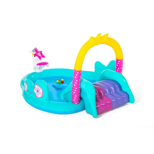 Centro piscina gonfiabile con carrozza unicorno magica e doppio scivolo - Luckintoys