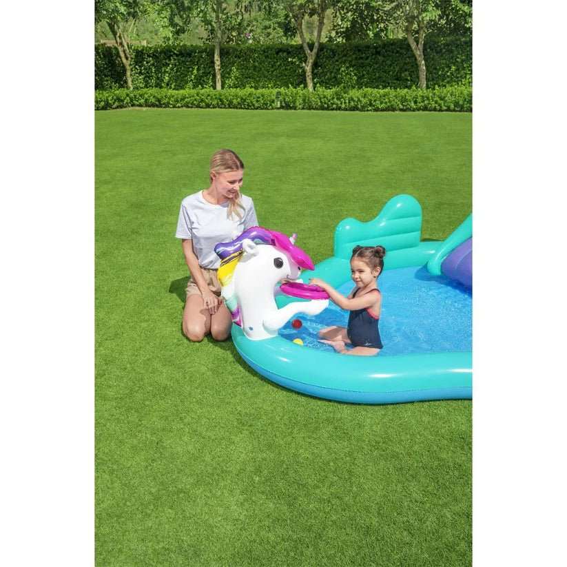 Centro piscina gonfiabile con carrozza unicorno magica e doppio scivolo - Luckintoys